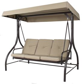 Tan 3-Seat Outdoor Porch Deck Patio Canopy Swing with Cushions Tan 3-Seat Outdoor Porch Deck Patio Canopy Swing with Cushions