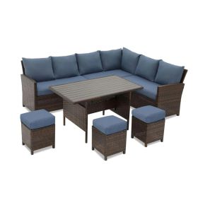 7 Piece Wicker Patio Dining Set 9-Seat Outdoor Sectional Blue Cushions Sofa with Ottomans & Dining Table Porch Backyard Garden 7 Piece Wicker Patio Dining Set 9-Seat Outdoor Sectional Blue Cushions Sofa with Ottomans & Dining Table Porch Backyard Garden
