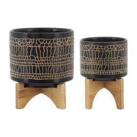 S/2 5/8" GLAZED PLANTER W/ STAND, BLACK S/2 5/8" GLAZED PLANTER W/ STAND, BLACK